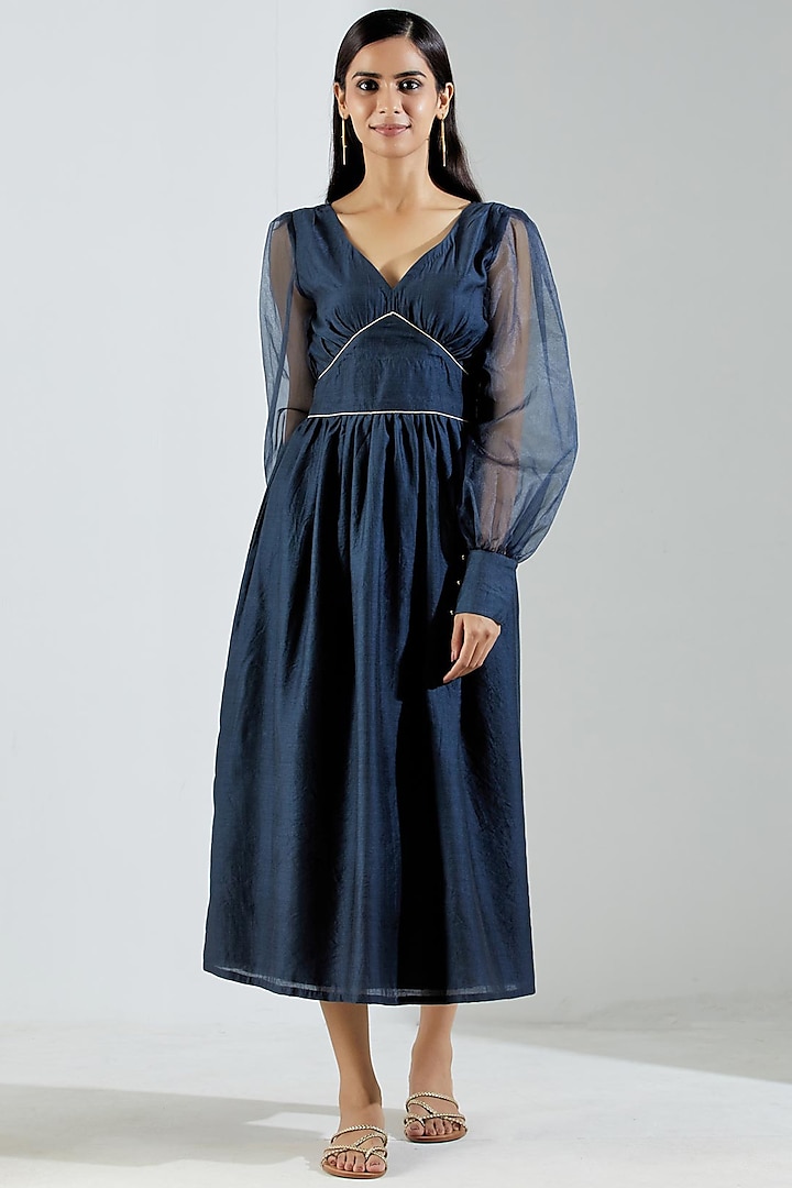 Midnight Blue Chanderi & Organza Midi Dress by TIC at Pernia's Pop Up Shop