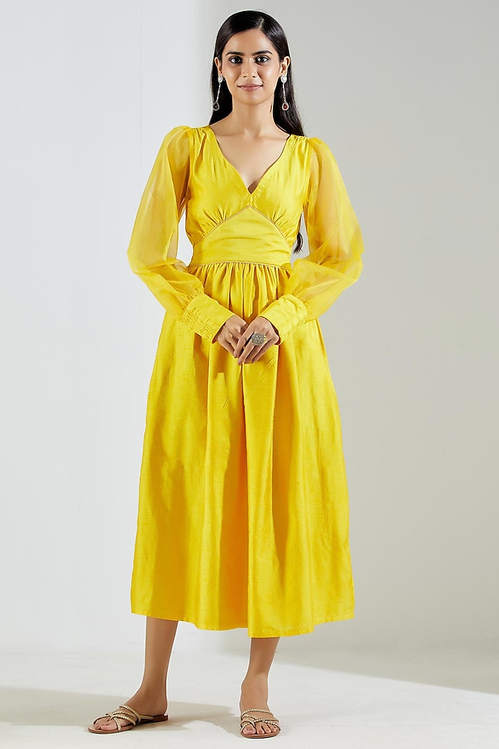 Yellow Silk Dupion & Organza Midi Dress by TIC at Pernia's Pop Up Shop