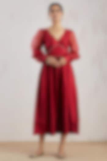 Red Silk Dupion & Organza Midi Dress by TIC