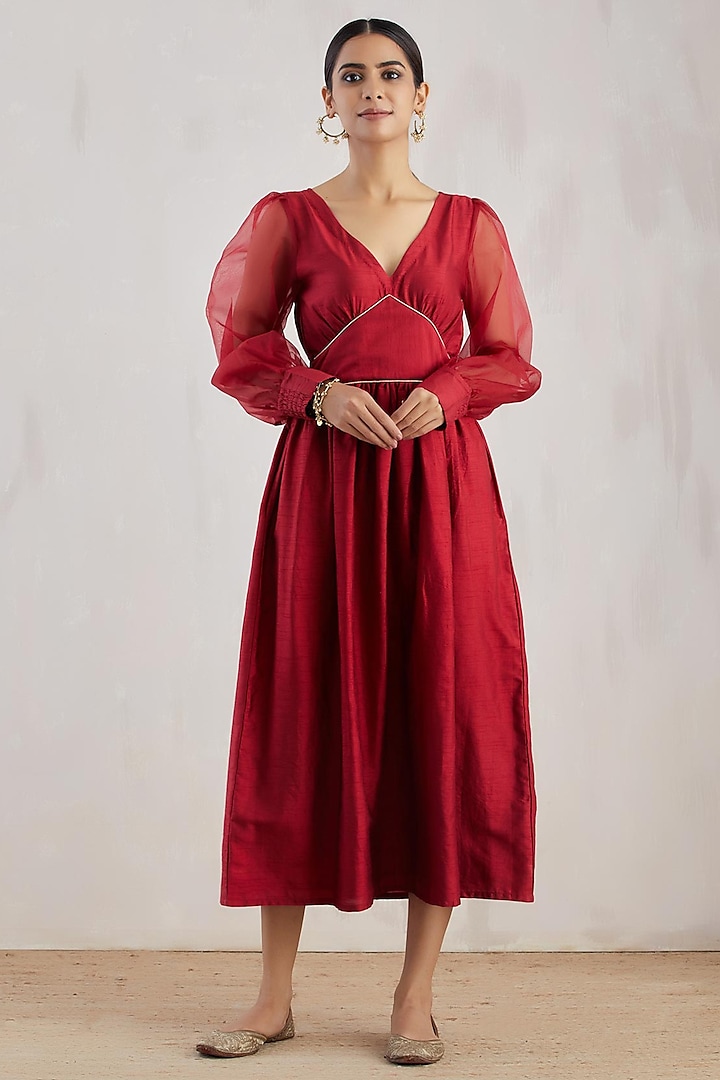 Red Silk Dupion & Organza Midi Dress by TIC
