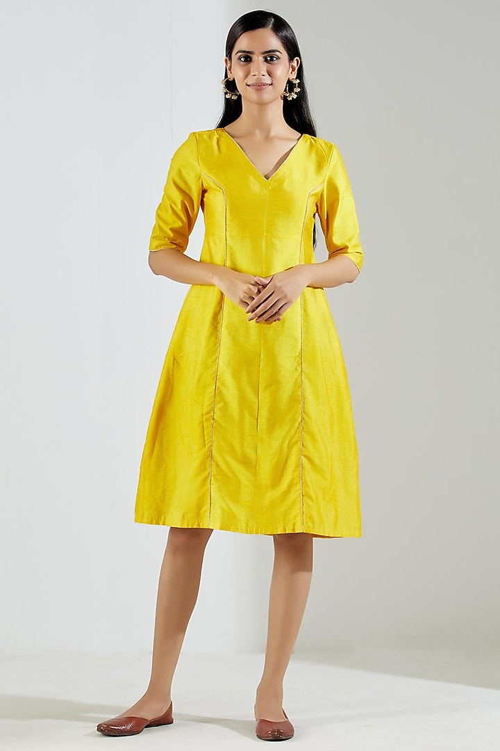 Yellow Silk Dupion Knee-Length Dress by TIC