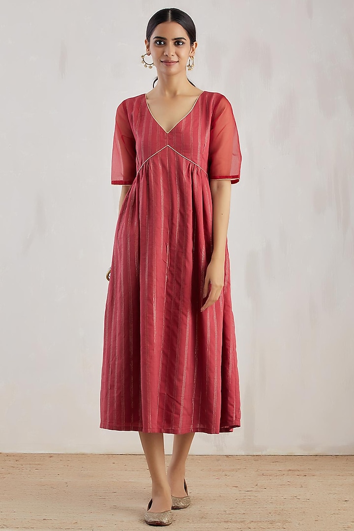 Red Chanderi & Organza Midi Dress by TIC