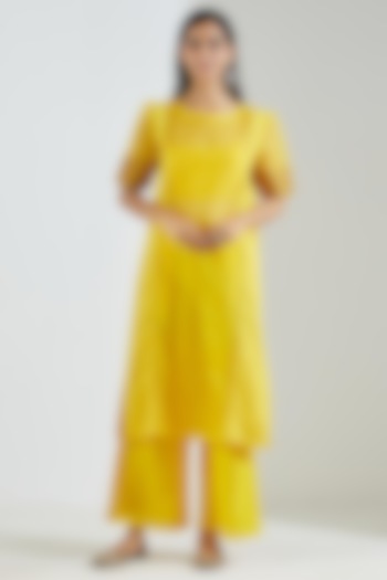 Bright Yellow Chanderi & Organza Kurta Set by The Indian Cause at Pernia's Pop Up Shop