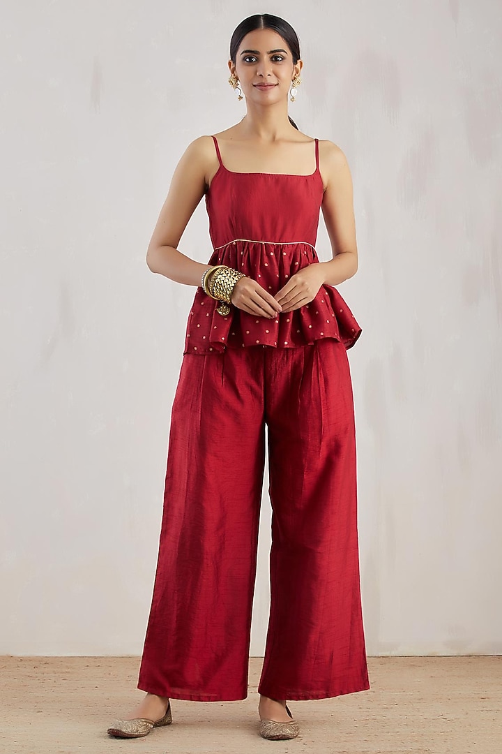 Red Chanderi Peplum Top by The Indian Cause at Pernia's Pop Up Shop