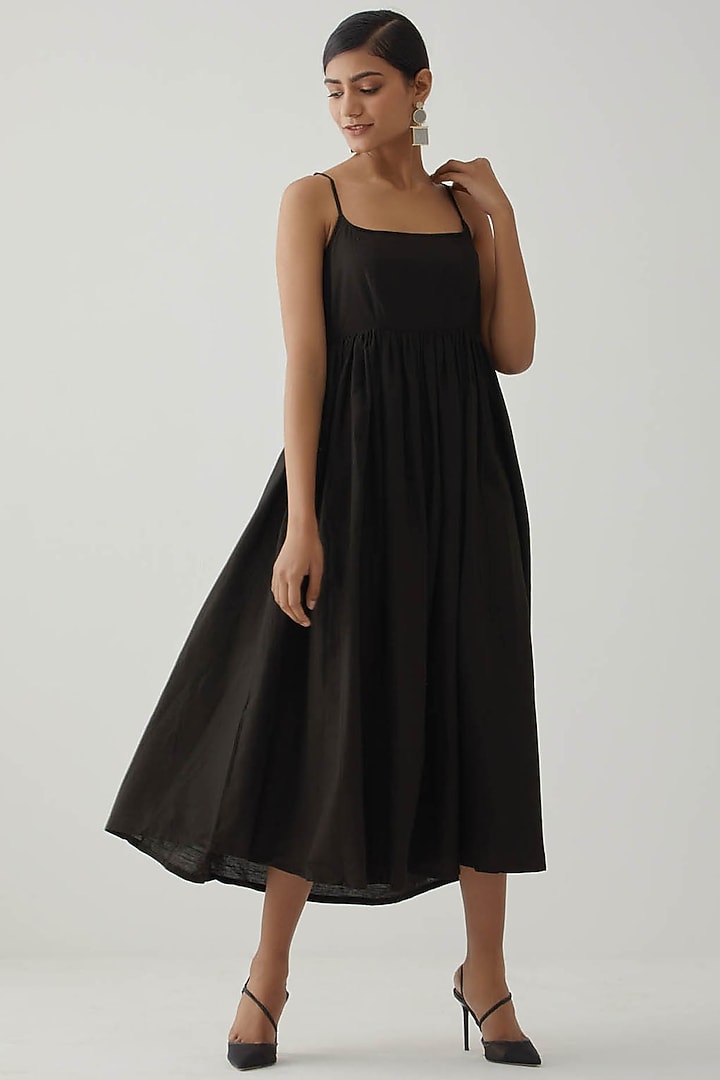 Black Cotton Midi Summer Dress by The Indian Cause at Pernia's Pop Up Shop