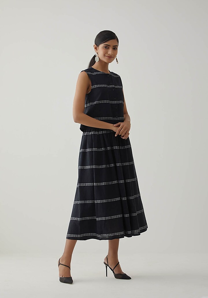 Black Cotton Jacquard Midi Skirt by TIC