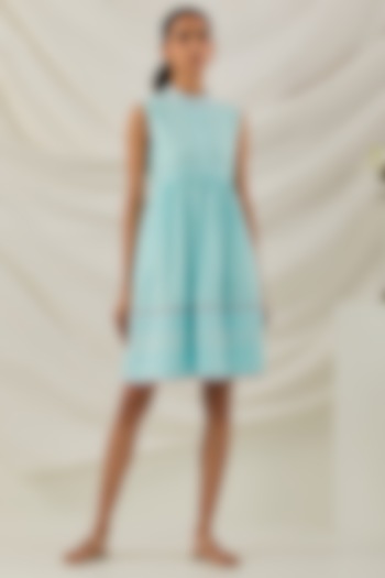 Blue Pure Cotton Chikankari Embroidered Mini Dress by TIC