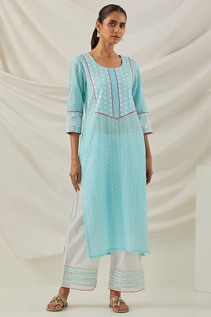 Blue Pure Cotton Chikankari Embroidered Kurta Set by TIC at Pernia's Pop Up Shop