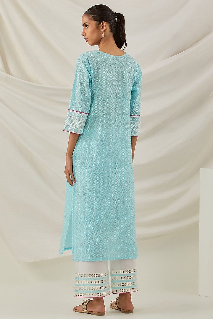 Blue Pure Cotton Chikankari Embroidered Kurta Set by The Indian Cause at Pernia's Pop Up Shop