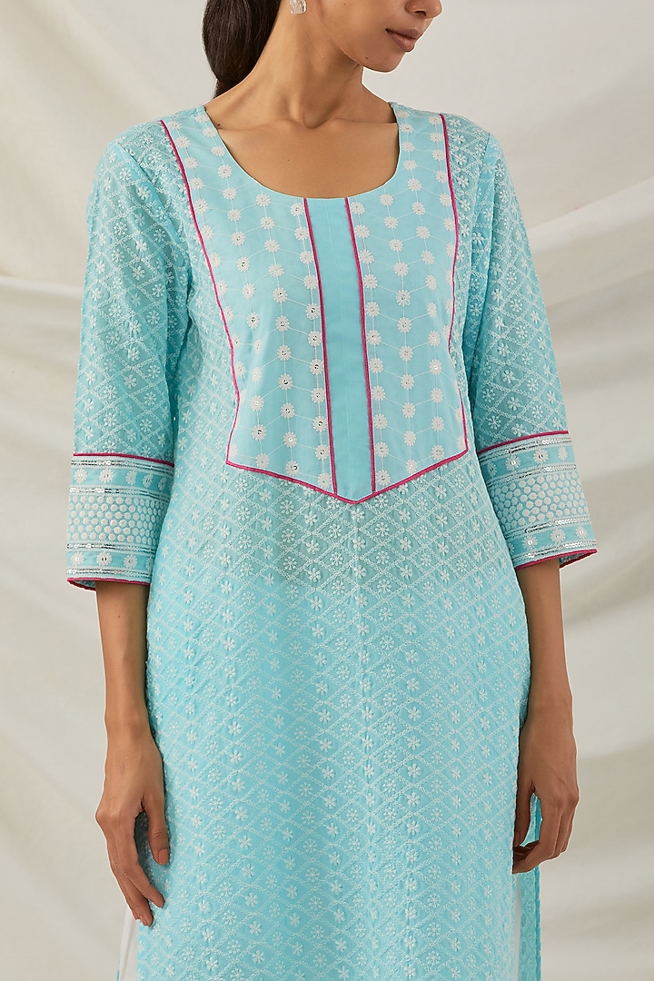 Blue Pure Cotton Chikankari Embroidered Kurta Set by The Indian Cause at Pernia's Pop Up Shop