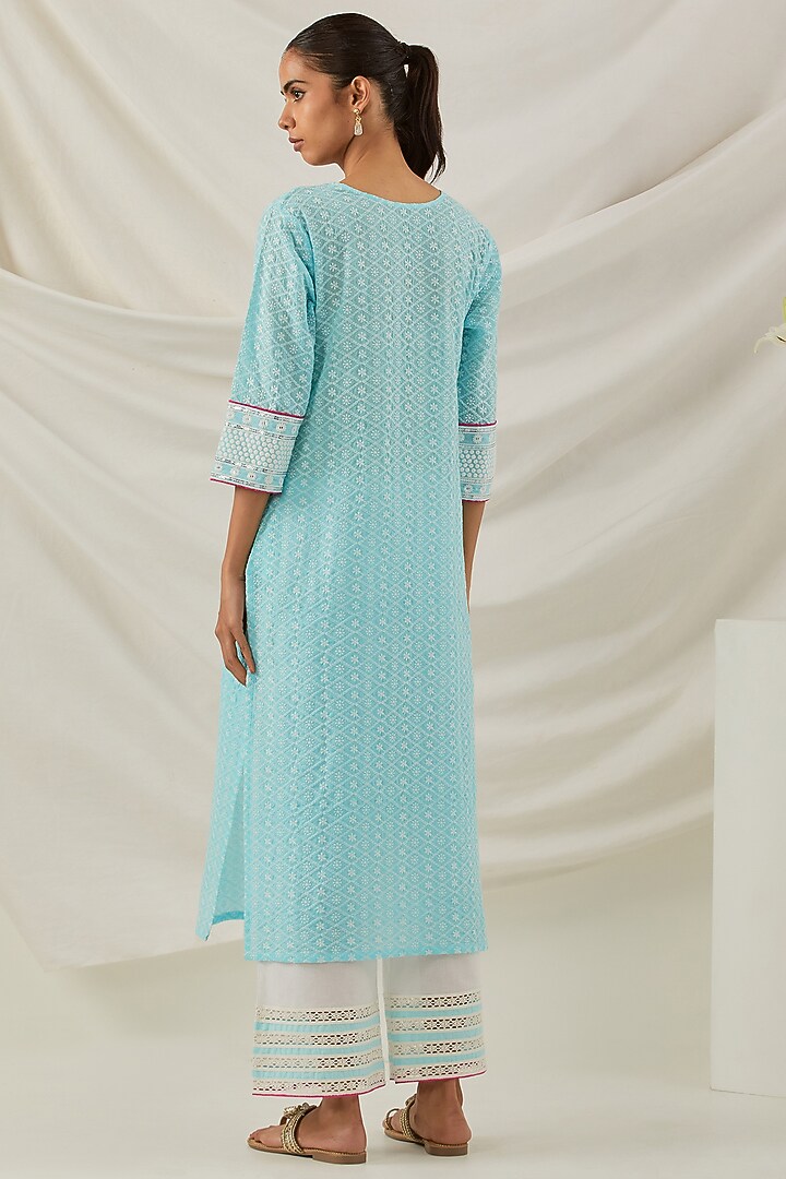 Blue Pure Cotton Chikankari Embroidered Kurta Set by The Indian Cause at Pernia's Pop Up Shop