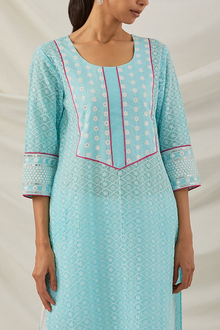Blue Pure Cotton Chikankari Embroidered Kurta Set by The Indian Cause at Pernia's Pop Up Shop