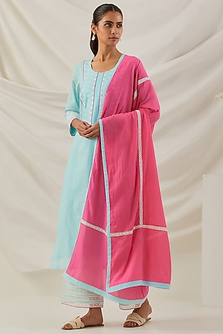 Blue Cotton Camric Chikankari Embroidered Kurta Set by The Indian Cause