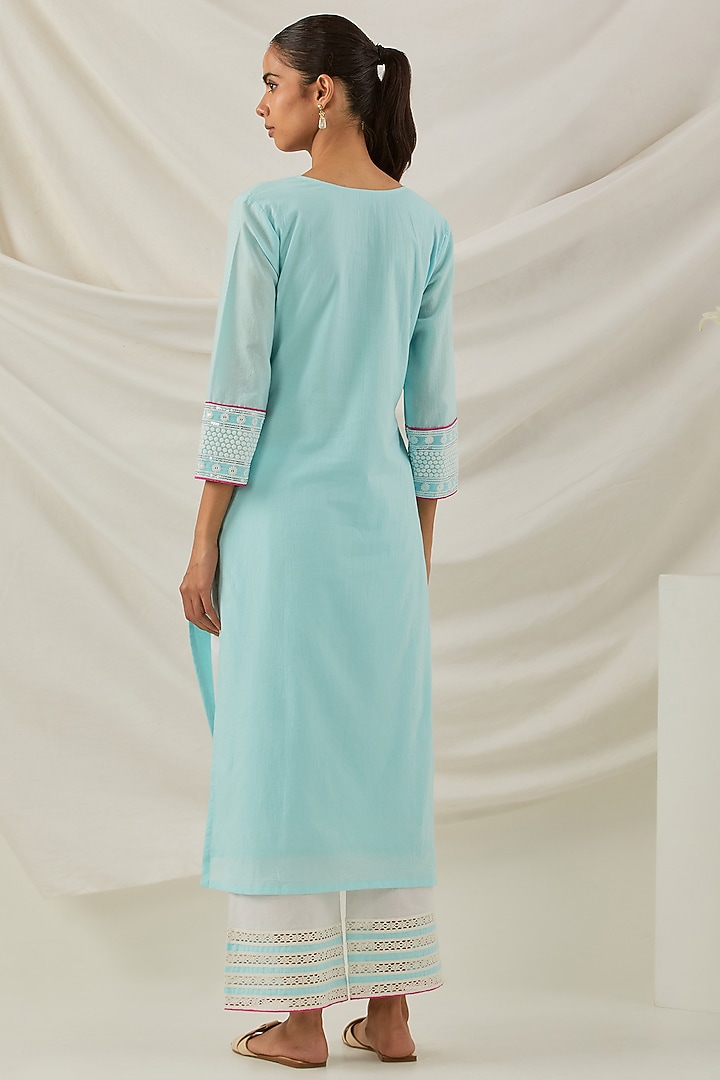 Blue Cotton Camric Chikankari Embroidered Kurta Set by The Indian Cause at Pernia's Pop Up Shop