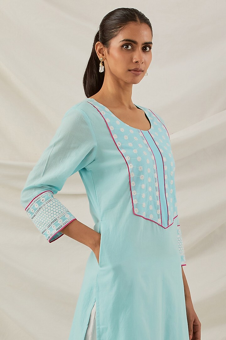 Blue Cotton Camric Chikankari Embroidered Kurta Set by The Indian Cause at Pernia's Pop Up Shop