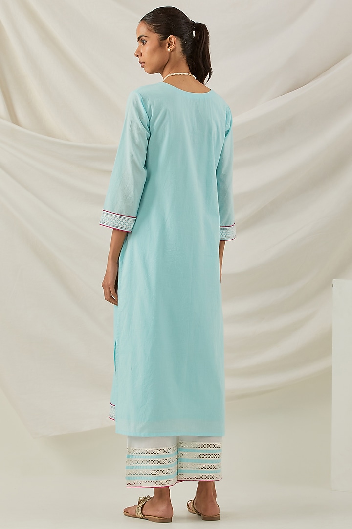 Blue Cotton Camric Chikankari Embroidered Kurta Set by The Indian Cause at Pernia's Pop Up Shop