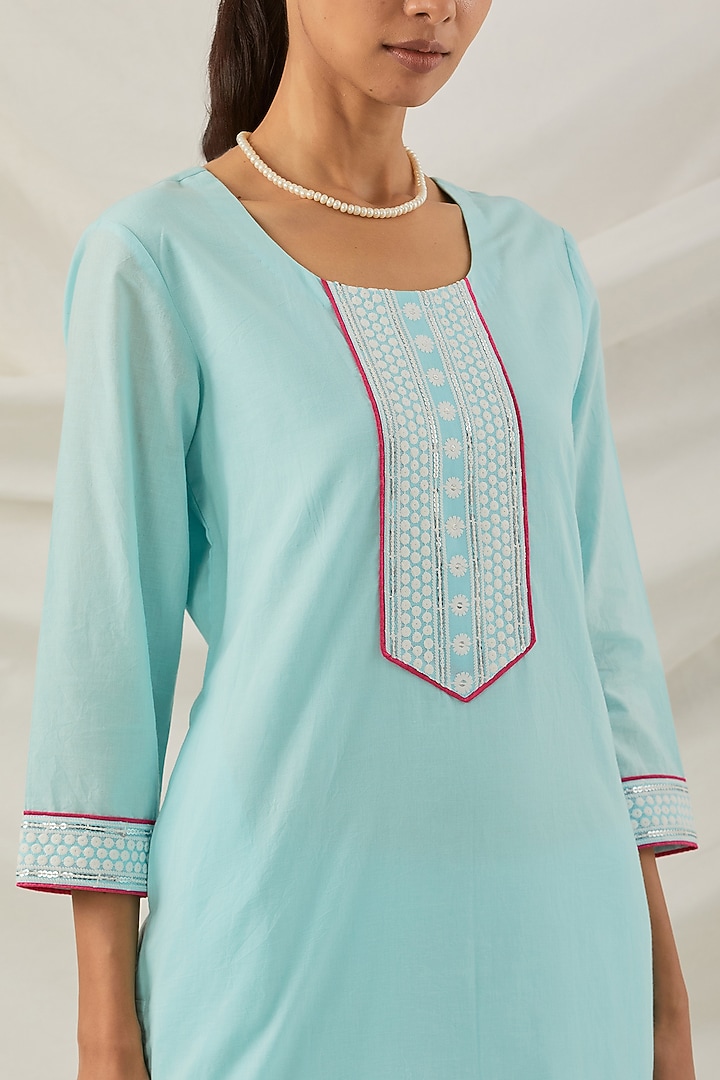 Blue Cotton Camric Chikankari Embroidered Kurta Set by The Indian Cause at Pernia's Pop Up Shop
