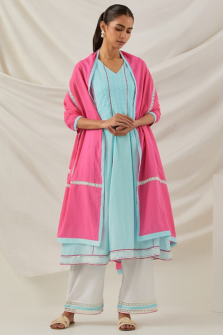 Blue Pure Cotton Chikankari Embroidered Kalidar Kurta Set by TIC