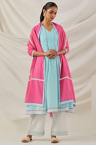 Blue Pure Cotton Chikankari Embroidered Kalidar Kurta Set by The Indian Cause