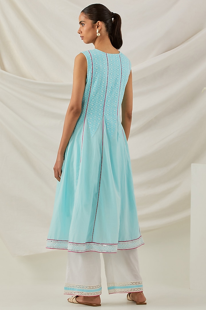 Blue Pure Cotton Chikankari Embroidered Kalidar Kurta Set by The Indian Cause at Pernia's Pop Up Shop