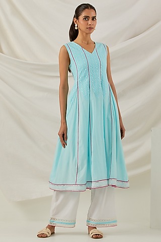 Blue Pure Cotton Chikankari Embroidered Kalidar Kurta Set by The Indian Cause