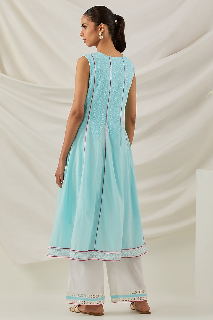 Blue Pure Cotton Chikankari Embroidered Kalidar Kurta Set by The Indian Cause at Pernia's Pop Up Shop