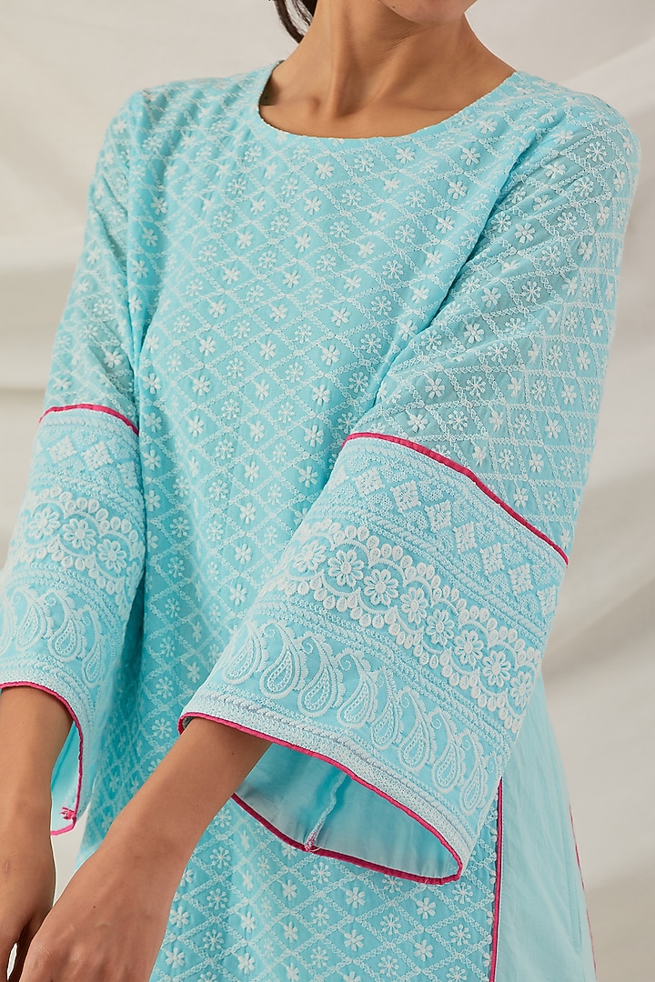 Blue Pure Cotton Chikankari Embroidered Kurta Set by The Indian Cause at Pernia's Pop Up Shop