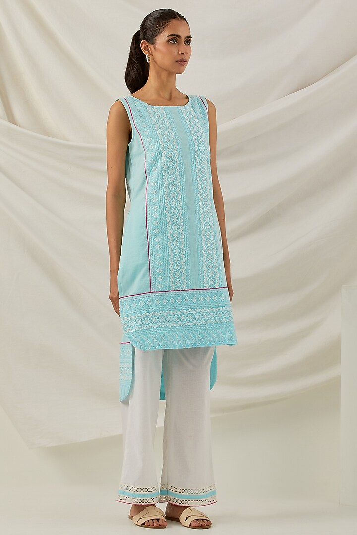 Blue Pure Cotton Chikankari Embroidered Kurta by The Indian Cause at Pernia's Pop Up Shop