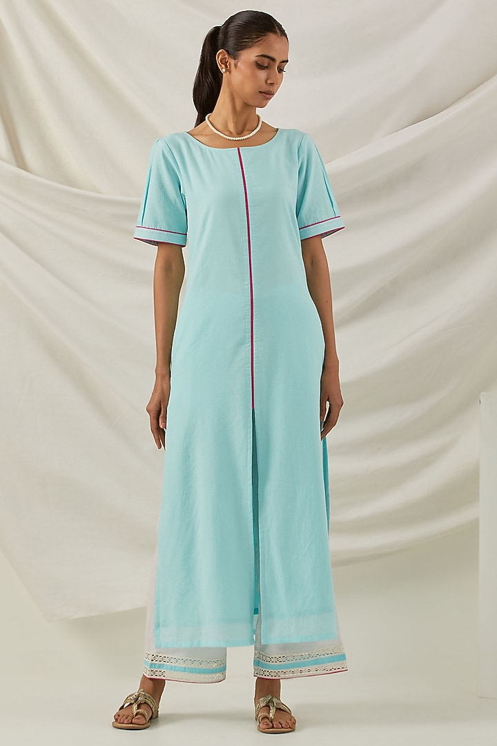 Blue Cotton Cambric Chikankari Embroidered Kurta Set by The Indian Cause at Pernia's Pop Up Shop