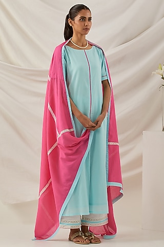 Blue Cotton Cambric Chikankari Embroidered Kurta Set by The Indian Cause