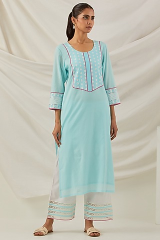 Blue Cotton Cambric Chikankari Embroidered Kurta Set by The Indian Cause