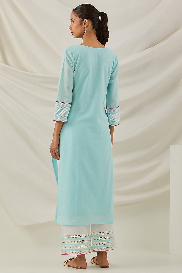 Blue Cotton Cambric Chikankari Embroidered Kurta Set by The Indian Cause at Pernia's Pop Up Shop