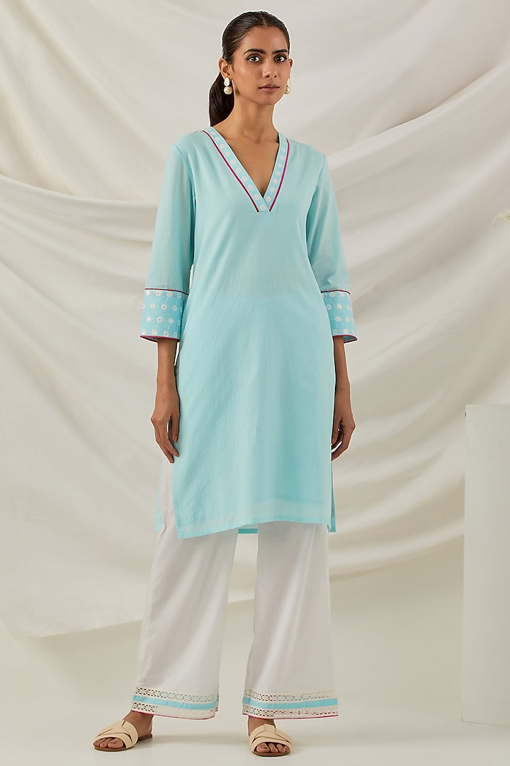 Blue Pure Cotton Chikankari Embroidered Kurta Set by TIC