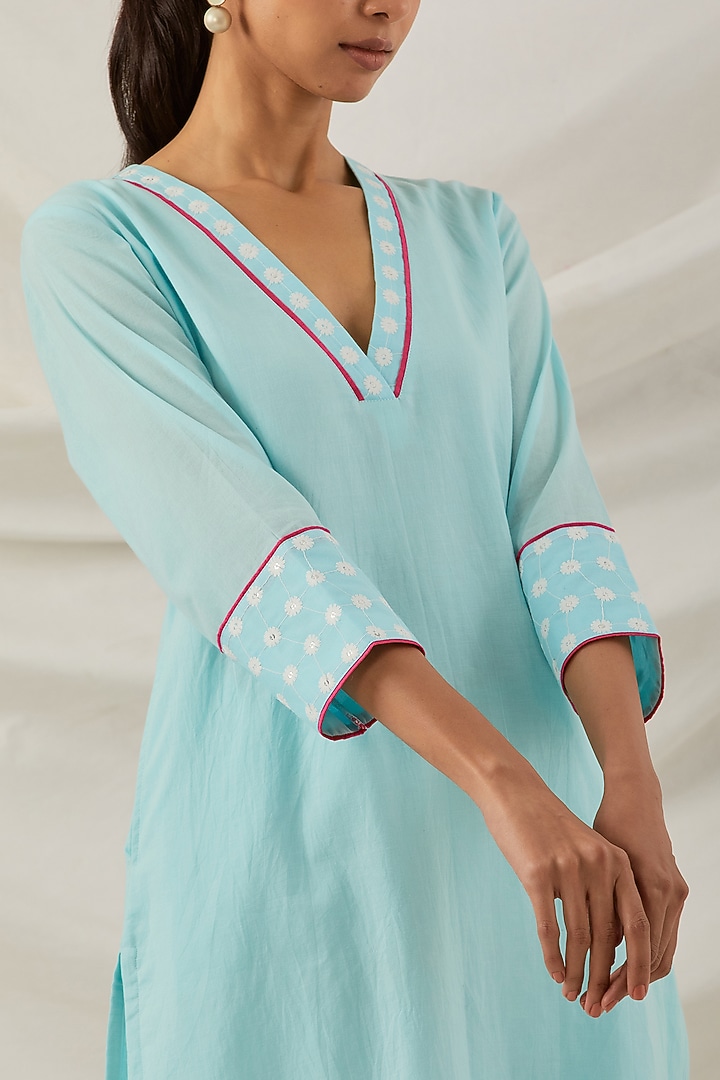 Blue Pure Cotton Chikankari Embroidered Kurta Set by The Indian Cause at Pernia's Pop Up Shop