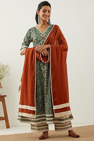 Green Cotton Printed Anarkali Set by The Indian Cause