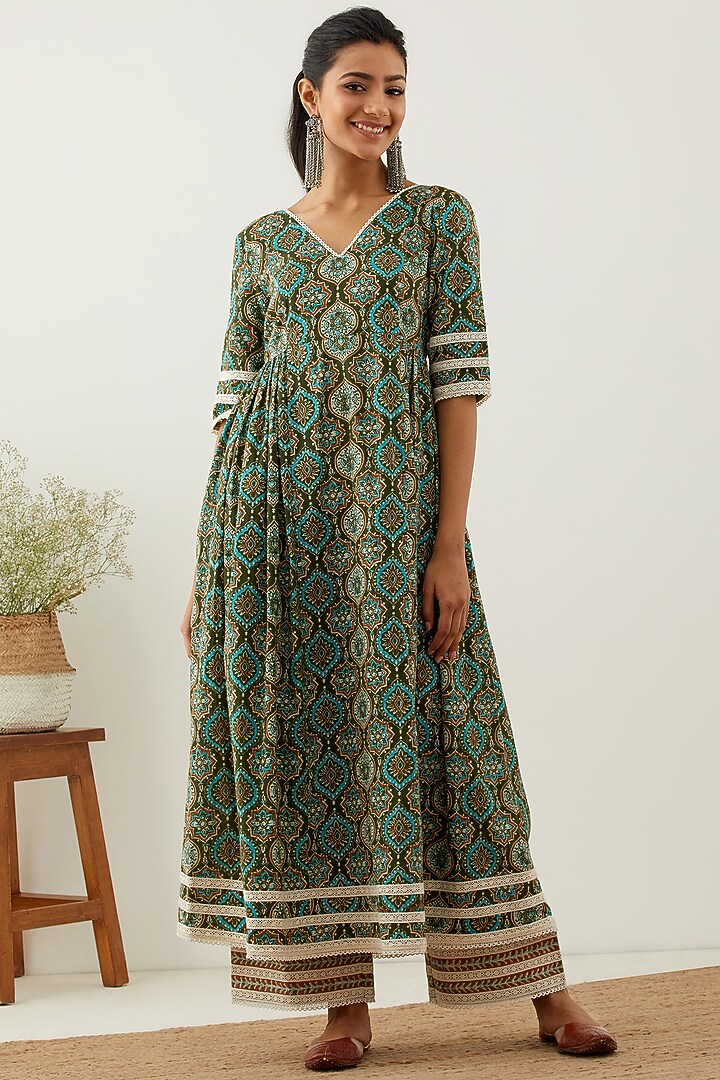 Green Cotton Printed Anarkali Set by The Indian Cause at Pernia's Pop Up Shop