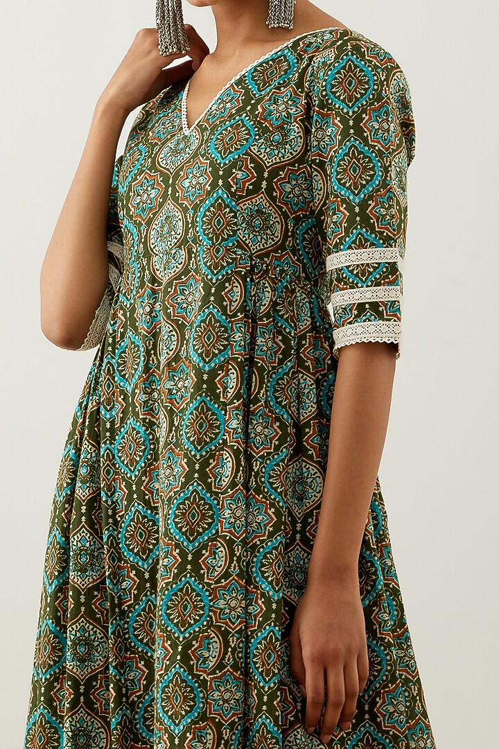 Green Cotton Printed Anarkali Set by The Indian Cause at Pernia's Pop Up Shop