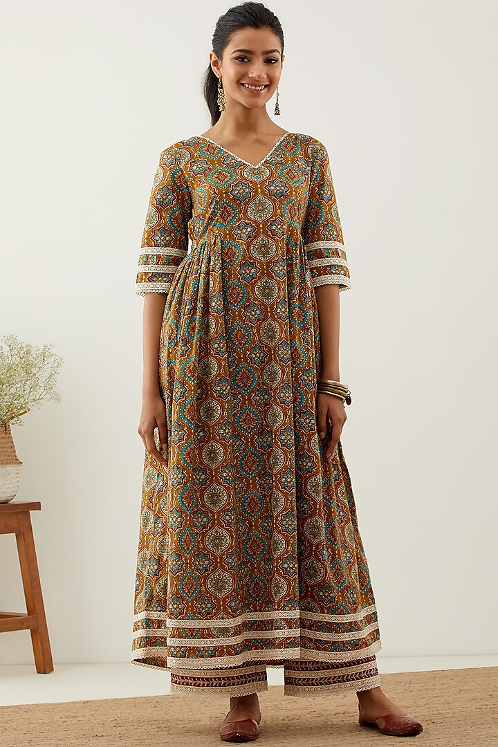 Mustard Cotton Printed Anarkali by TIC