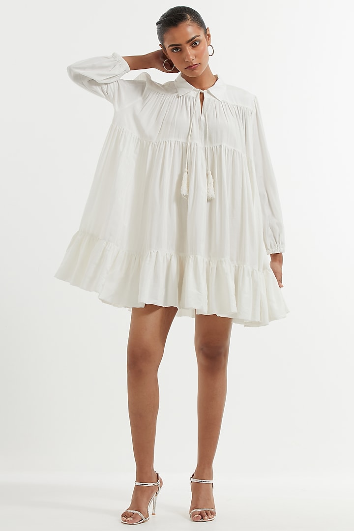  Pearl White Silk Tiered Dress  by TIC