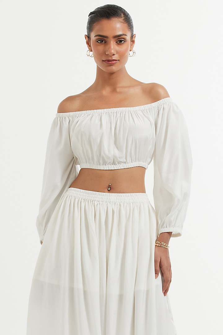  Pearl White Silk Off-Shoulder Crop Top  by TIC