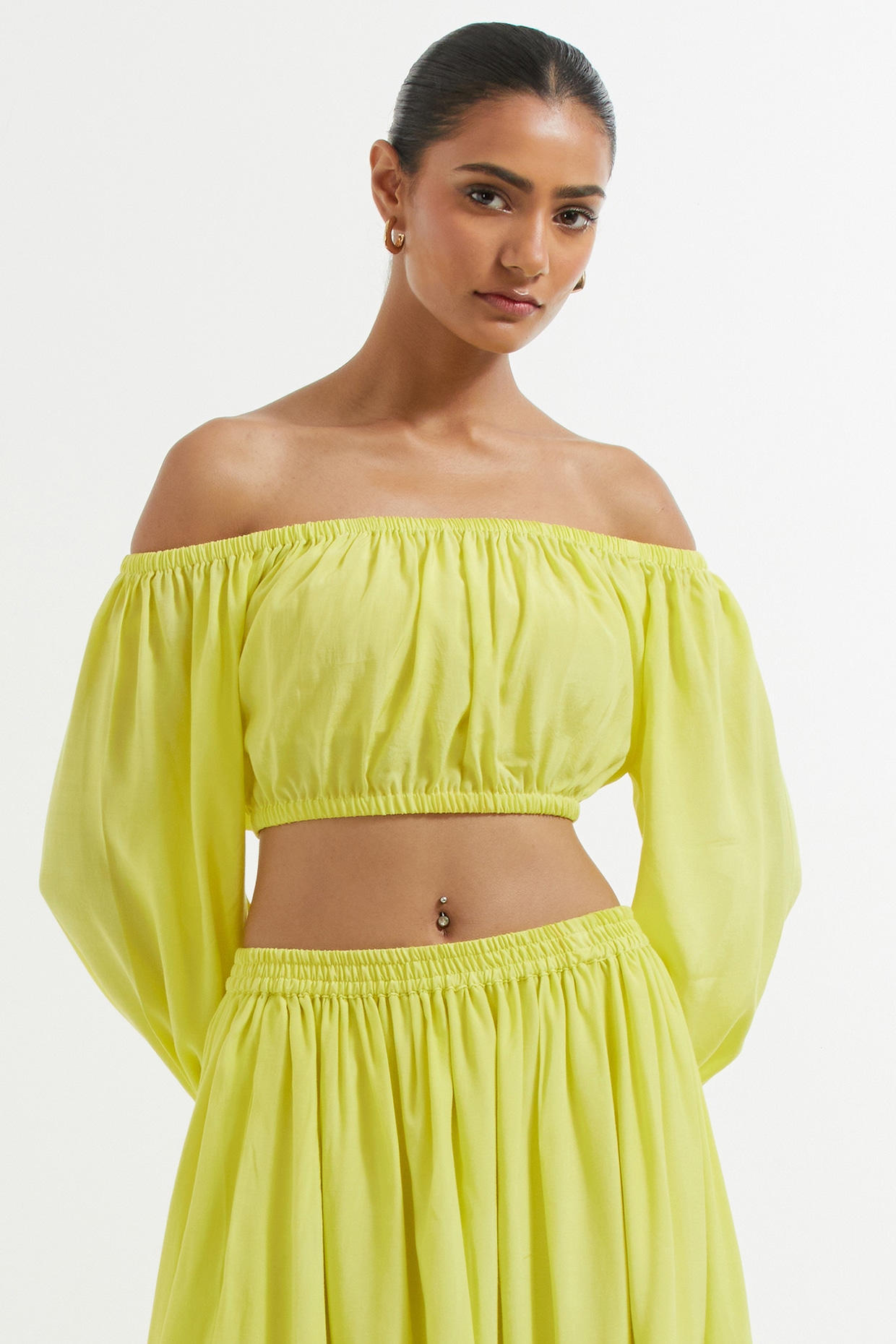 Yellow Silk Off Shoulder Crop Top by TIC at Pernia s Pop Up Shop