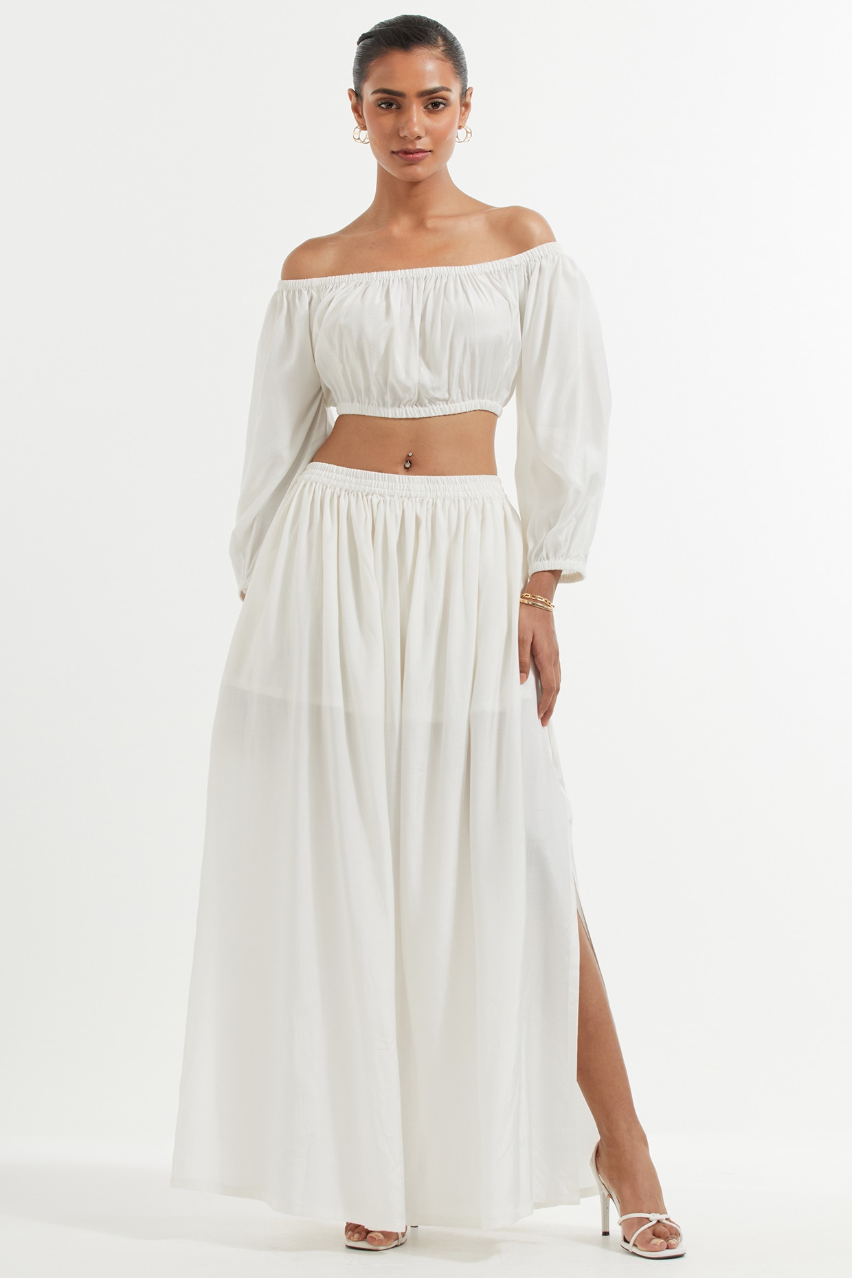 White silk maxi shop skirt and top