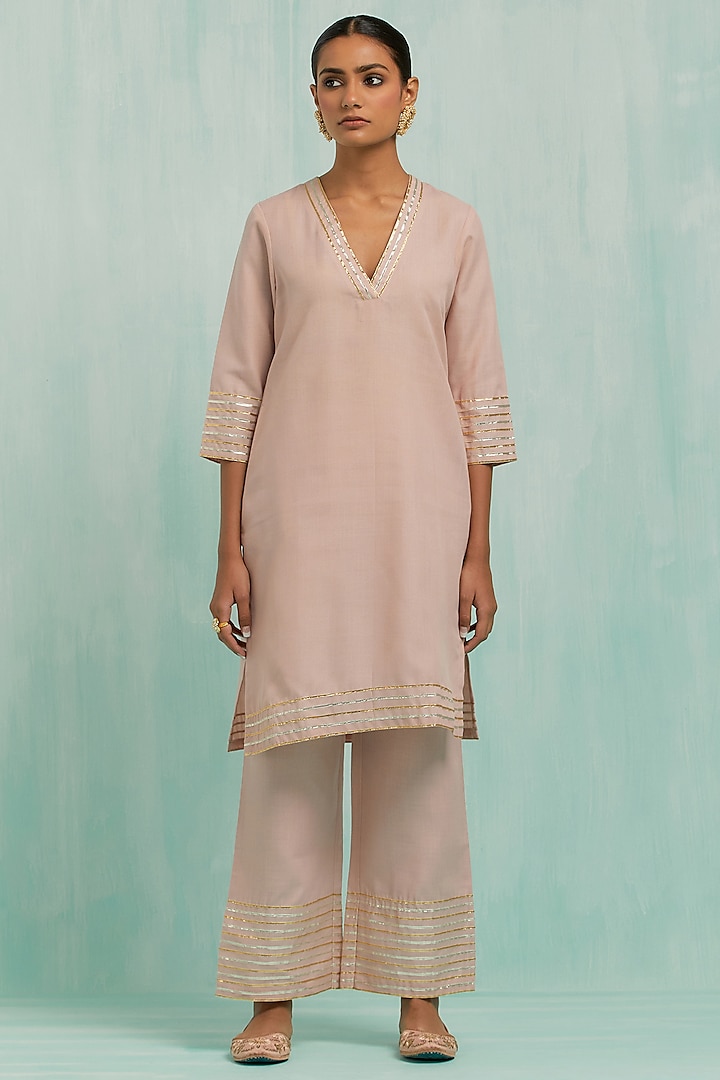 Pale Pink Slub Cotton Kurta Set by The Indian Cause at Pernia's Pop Up Shop