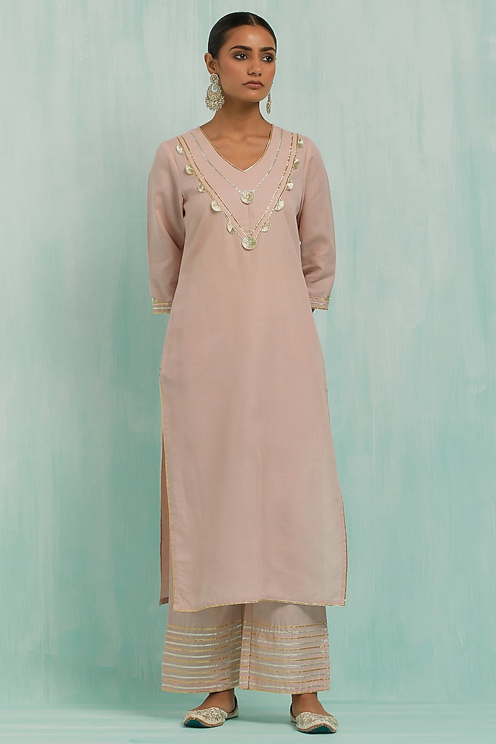 Pale Pink Slub Cotton Embroidered Kurta Set by The Indian Cause at Pernia's Pop Up Shop