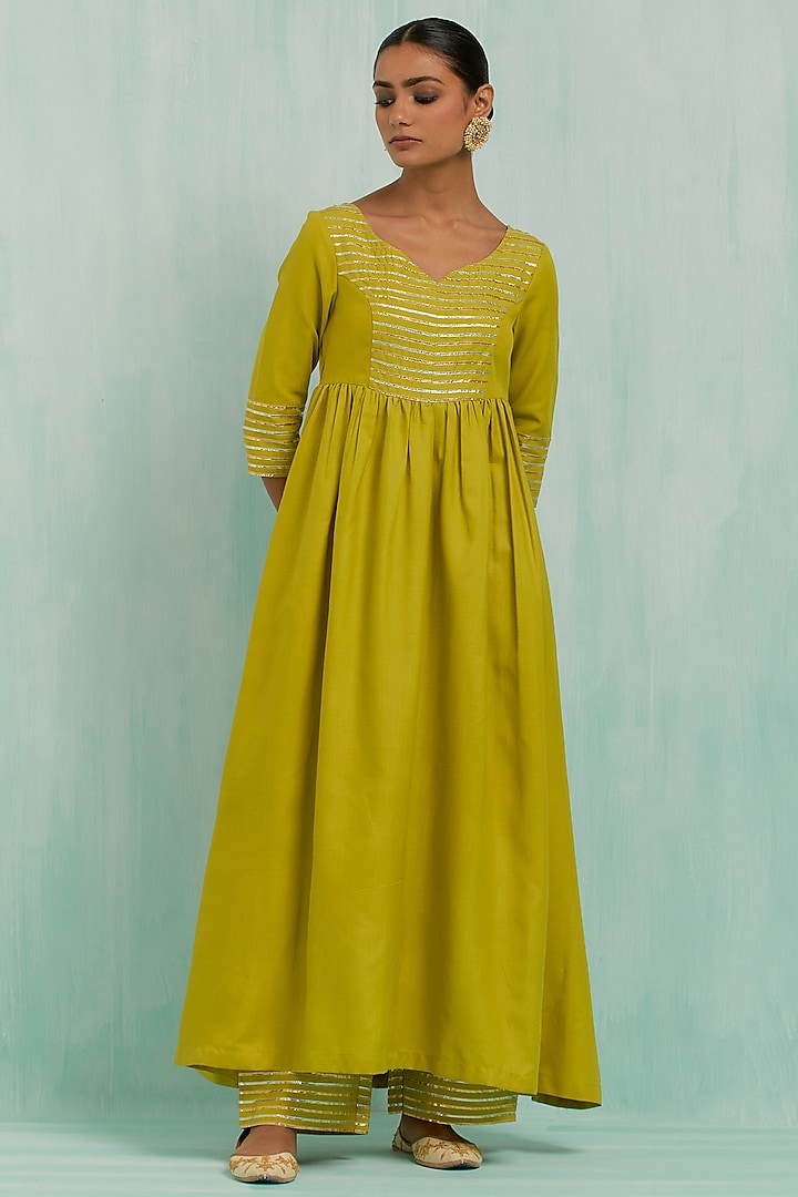 Lemon Green Slub Cotton Embroidered Anarkali Set by TIC at Pernia's Pop Up Shop