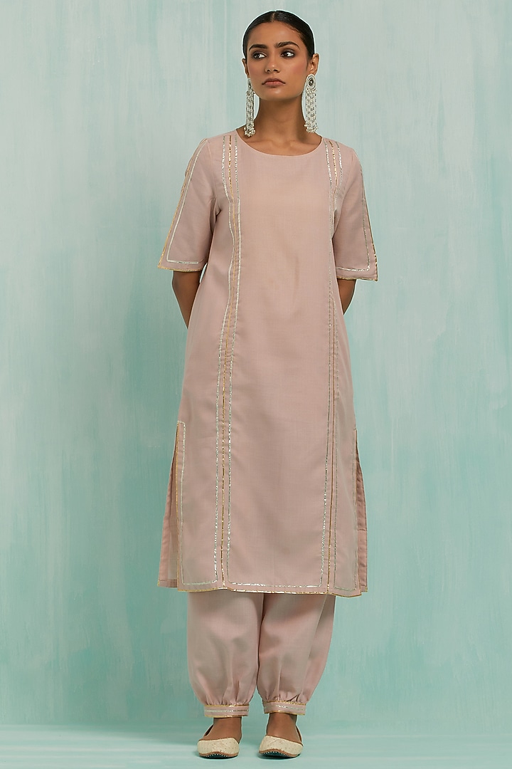 Pale Pink Slub Cotton Embroidered Kurta Set by The Indian Cause at Pernia's Pop Up Shop