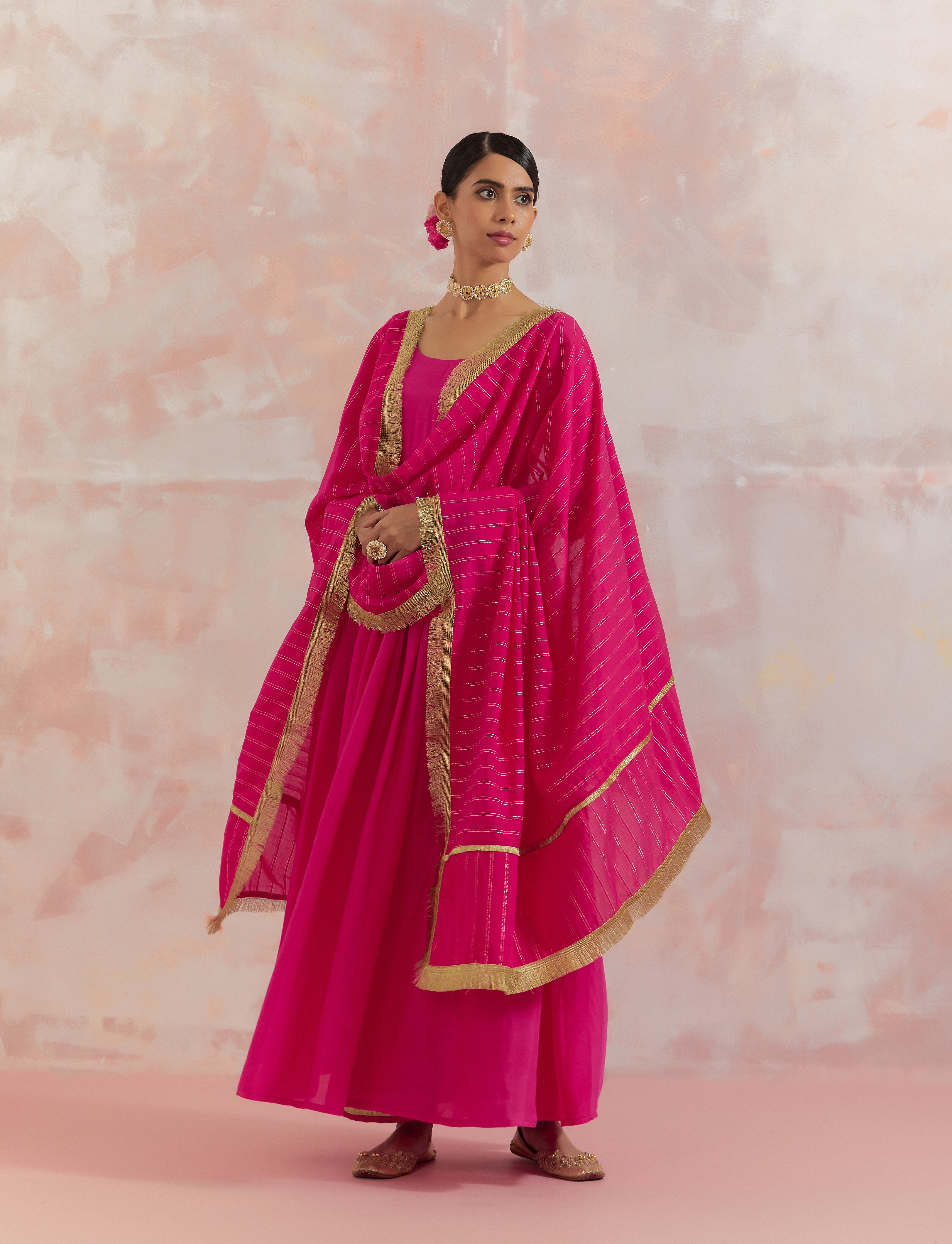 Pink Silk Gathered Anarkali Set by The Indian Cause at Pernia's Pop Up Shop