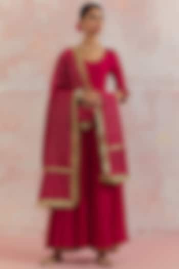 Red Silk Gathered Anarkali Set by TIC