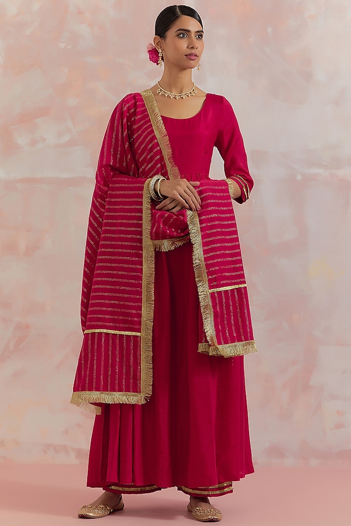 Red Silk Gathered Anarkali Set by TIC