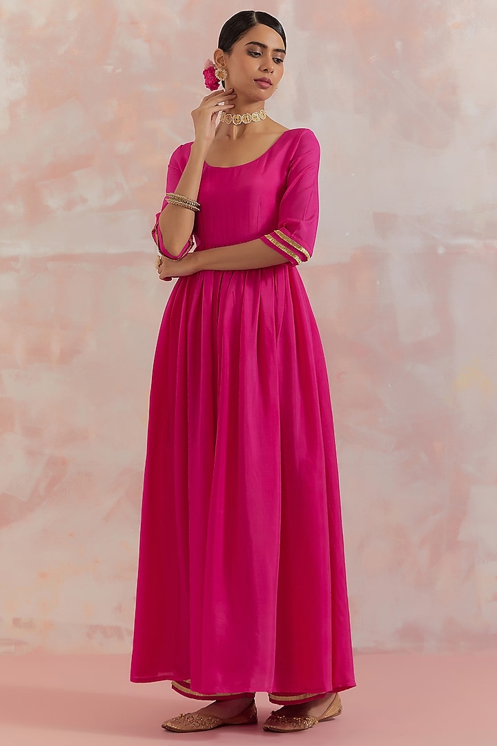 Pink Gathered Anarkali Set In Silk by TIC at Pernia's Pop Up Shop